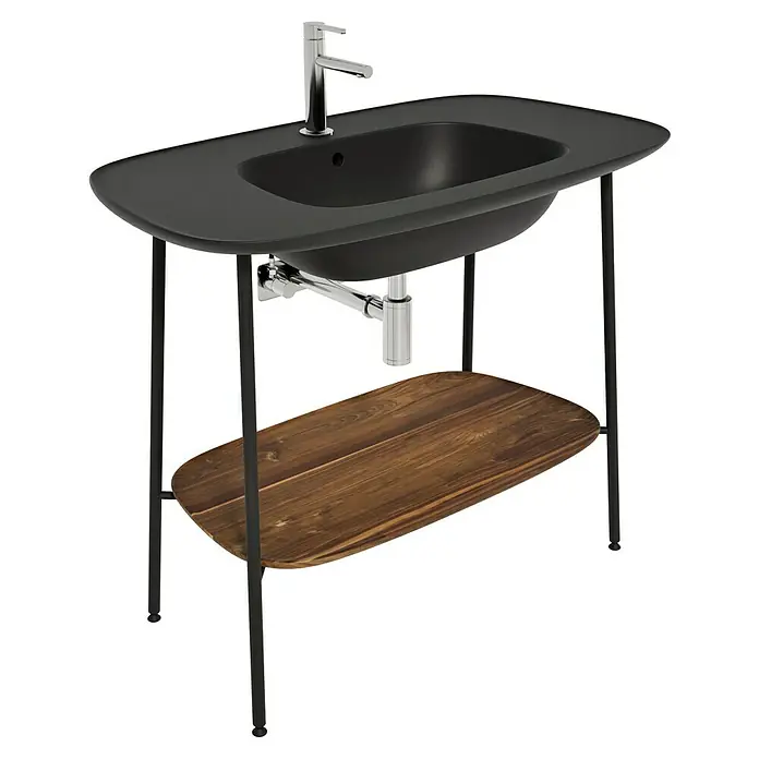 VitrA Plural Badmöbel-Set - Gesamtbreite Badmöbel: 99,5 cm, Schwarz/Eiche Dunkel, Matt, 3 -tlg. - Schwarzer Waschtisch mit schlankem Chromhahn und einem Ablageboden aus Holz für das Badezimmer.