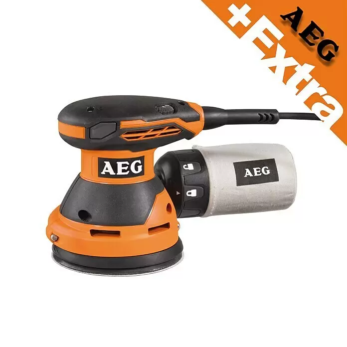 AEG Powertools Lijadora excéntrica eléctrica EX 125 ES - 125 mm, 300 W, Número de revoluciones de marcha en vacío: 7.000 r.p.m. - 15.000 r.p.m. - Lijadora orbital AEG naranja y negra con una bolsa de polvo gris claro.