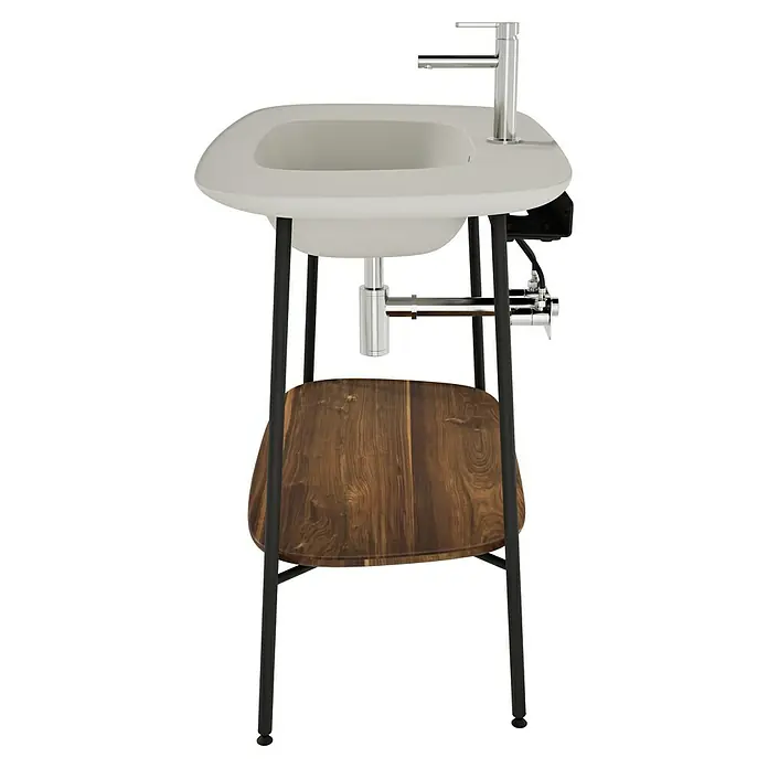 VitrA Plural Badmöbel-Set - Gesamtbreite Badmöbel: 99,5 cm, Taupe/Eiche Dunkel/Schwarz, Matt, 3 -tlg. - Das Bild zeigt ein Waschbecken mit Holzablage und chromfarbener Armatur. Die Konstruktion steht auf einem schwarzen Metallgestell.