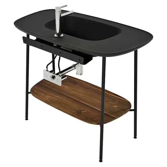 VitrA Plural Badmöbel-Set - Gesamtbreite Badmöbel: 99,5 cm, Schwarz/Eiche Dunkel, Matt, 3 -tlg. - Elegantes Waschbecken mit schwarzer Oberfläche, schlankem Wasserhahn und Ablage aus dunklem Holz für ein modernes Badambiente.