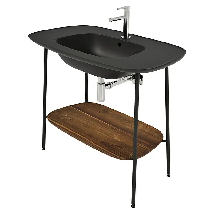 VitrA Plural Badmöbel-Set - Gesamtbreite Badmöbel: 99,5 cm, Schwarz/Eiche Dunkel, Matt, 3 -tlg. - Moderne Waschtischkonsole mit schwarzem Becken und Holzablage für ein stilvolles Badezimmerambiente.