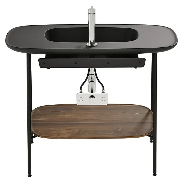 VitrA Plural Badmöbel-Set - Gesamtbreite Badmöbel: 99,5 cm, Schwarz/Eiche Dunkel, Matt, 3 -tlg. - Detaillierter Blick auf ein modernes Waschbecken mit schwarzer Oberfläche, Chromarmatur und Holzablage. Stilvolles Design für jedes Badezimmer.