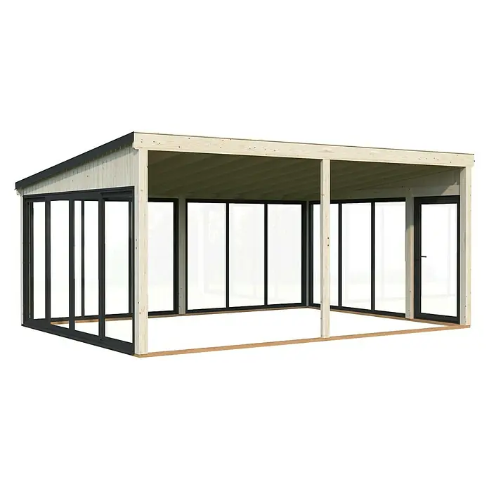 Palmako Pérgola adosada Lumi Slide Plus - L x An: 420 x 582 cm, Natural, Doble acristalamiento de 24 mm, Puerta corredera - Una toma exterior de un cobertizo de madera con grandes paneles de ventana, que proporcionan mucha luz y una estética moderna.