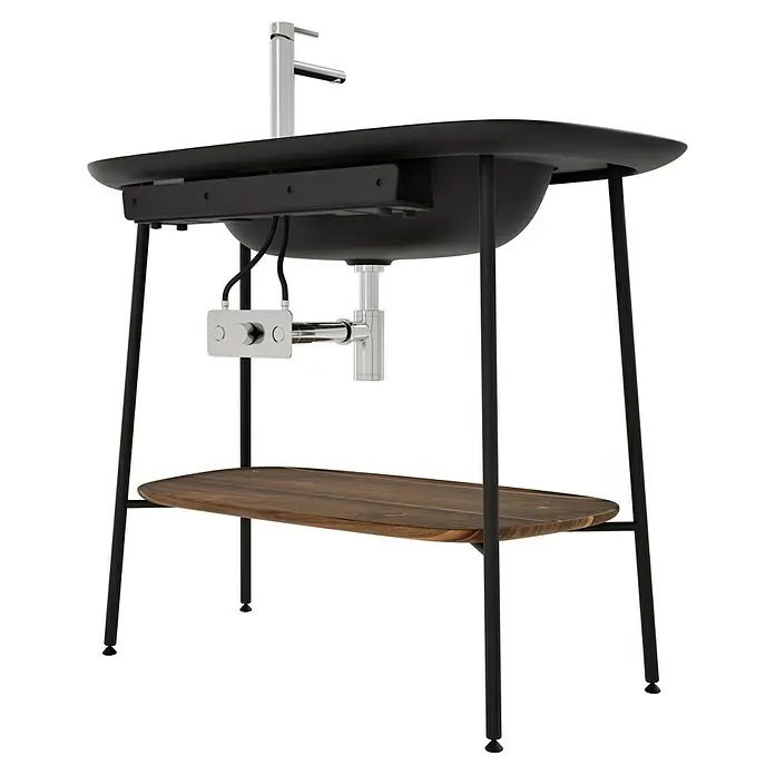 VitrA Plural Badmöbel-Set - Gesamtbreite Badmöbel: 99,5 cm, Schwarz/Eiche Dunkel, Matt, 3 -tlg. - Ein freistehendes Waschbecken mit dunkler Schale, chromfarbener Armatur und einem Holzregal, das einen modernen und stilvollen Look erzeugt.