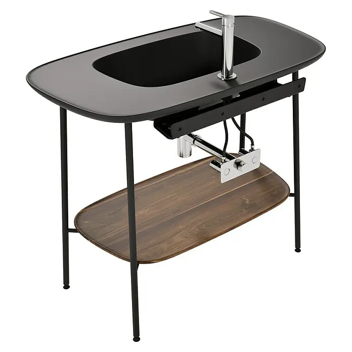 VitrA Plural Badmöbel-Set - Gesamtbreite Badmöbel: 99,5 cm, Schwarz/Eiche Dunkel, Matt, 3 -tlg. - Waschbecken-Einheit mit schwarzer Oberfläche, Armatur und Holzregal, elegantes Design. Ideal für moderne Badezimmer.