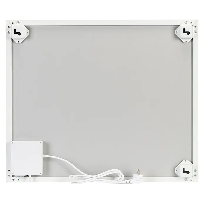 E2 elektro Infrarotheizkörper Complete Frame M - B x H: 600 x 50 cm, Weiß, 500 W - Produktansicht einer weißen Infrarotheizung mit Montagematerial und Stromkabel. Das Heizpaneel ist quadratisch und für Wandmontage geeignet.
