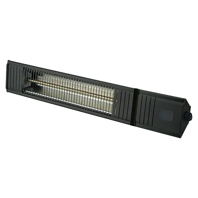 E2 elektro Infrarot-Heizstrahler Infra Wall - 540 x 94 x 125 cm, 2.000 W, Schwarz - Das Bild zeigt einen schwarzen Infrarotstrahler mit einem goldenen Heizelement, das Wärme abgibt. Ideal für den Einsatz im Innen- und Außenbereich.