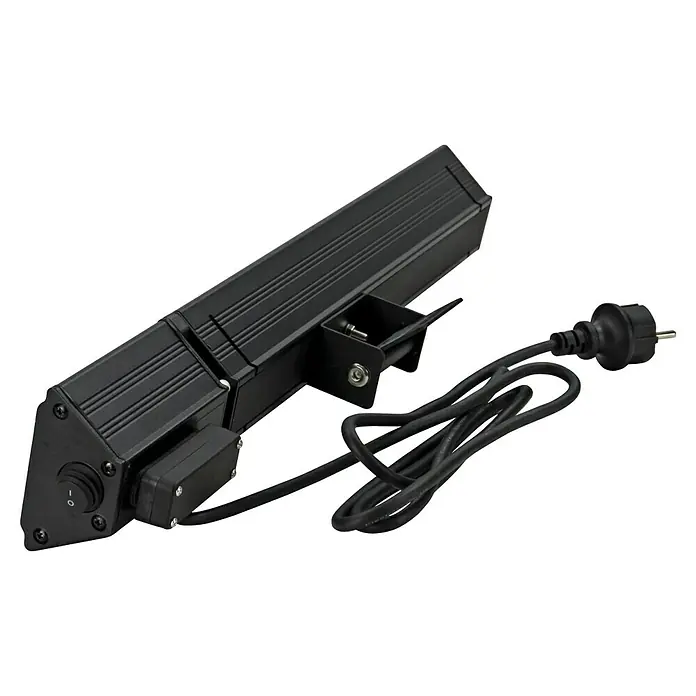 E2 elektro Infrarot-Heizstrahler Infra Wall - 540 x 94 x 125 cm, 2.000 W, Schwarz - Eine schwarze LED-Leiste mit Netzkabel und Schalter, die für eine vielseitige Beleuchtungslösung sorgt.