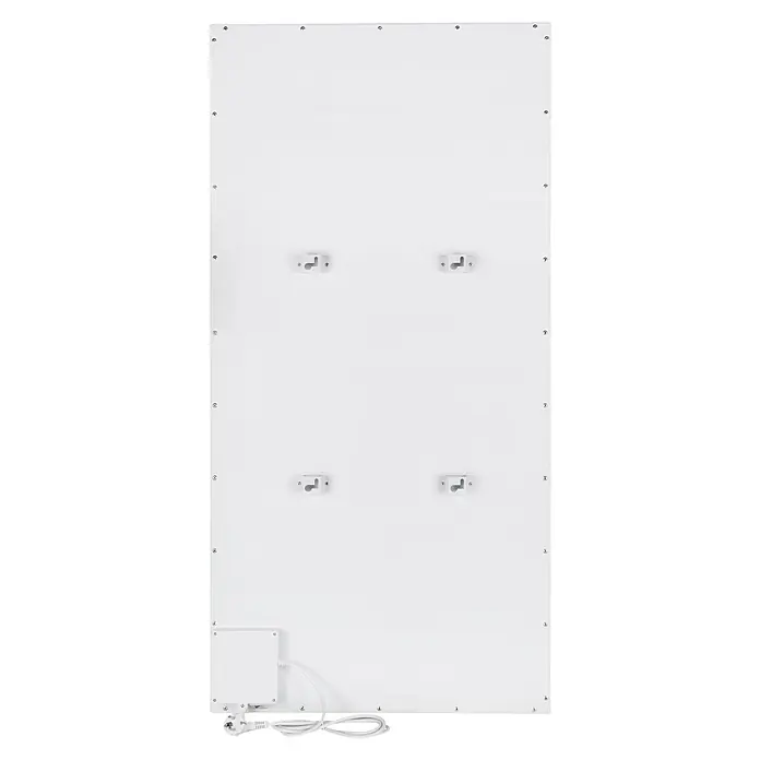 E2 elektro Infrarotheizkörper Infra Smart & Easy L - B x H: 595 x 45 cm, Weiß, 700 W - Nahaufnahme einer modernen, weißen Infrarot-Heizpaneel mit Befestigungselementen und Stromanschluss für eine einfache Installation.