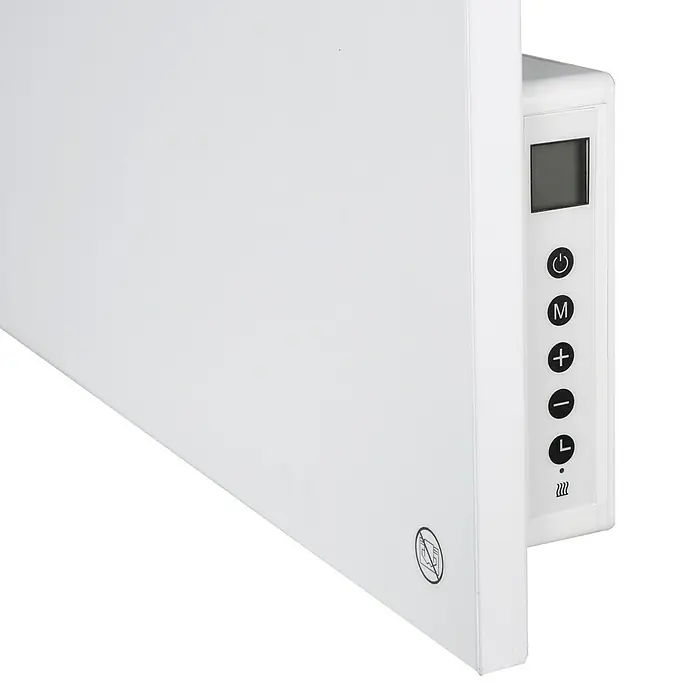 E2 elektro Infrarotheizkörper Infra Smart & Easy L - B x H: 595 x 45 cm, Weiß, 700 W - Nahaufnahme einer weißen Infrarotheizung mit digitaler Steuerung und verschiedenen Funktionstasten für Heizmodi und Temperatur.