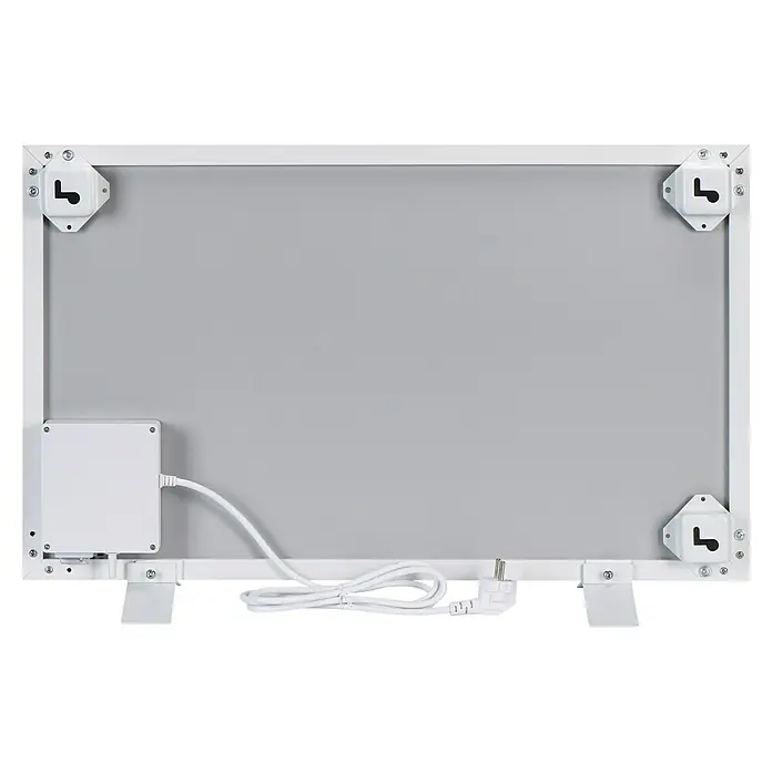 E2 elektro Infrarotheizkörper Complete Frame M - B x H: 600 x 50 cm, Weiß, 700 W - Rückansicht einer weißen Infrarot-Heizplatte mit Montagehalterungen, Kabel und Stecker. Heizpaneel zur Wandmontage.