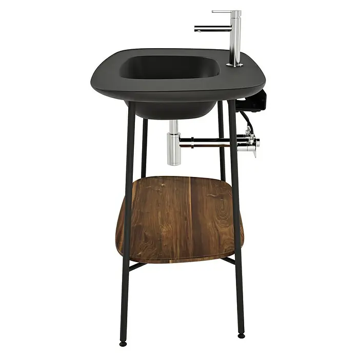VitrA Plural Badmöbel-Set - Gesamtbreite Badmöbel: 99,5 cm, Schwarz/Eiche Dunkel, Matt, 3 -tlg. - Schwarzes Waschbecken mit Holzablage. Das elegante Waschbecken verfügt über eine moderne Armatur und eine praktische Ablage aus Holz.