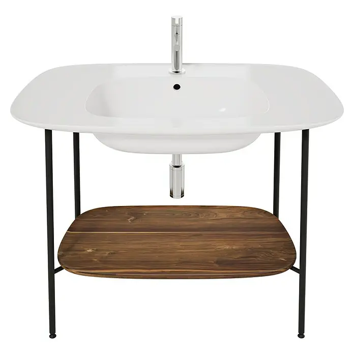 VitrA Plural Badmöbel-Set - Gesamtbreite Badmöbel: 99,5 cm, Weiß/Eiche Dunkel/Schwarz, Glänzend, 3 -tlg. - Waschtisch mit Unterschrank. Das Waschbecken ist aus weißer Keramik und der Unterschrank ist aus dunklem Holz gefertigt.