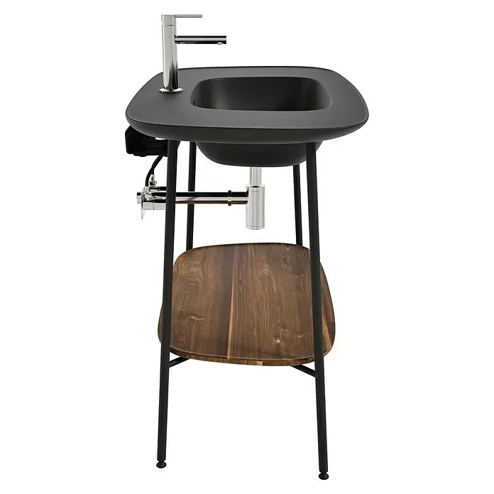 VitrA Plural Badmöbel-Set - Gesamtbreite Badmöbel: 99,5 cm, Schwarz/Eiche Dunkel, Matt, 3 -tlg. - Schwarzes Waschbecken mit Holzablage und Chromhahn. Modernes Design für jedes Badezimmer.