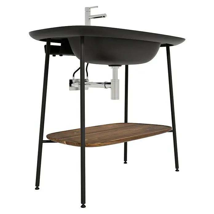 VitrA Plural Badmöbel-Set - Gesamtbreite Badmöbel: 99,5 cm, Schwarz/Eiche Dunkel, Matt, 3 -tlg. - Ein freistehendes Waschbecken mit schwarzer Schüssel, schlanken Beinen und einer Ablage aus Holz, die ein modernes und stilvolles Design bietet.