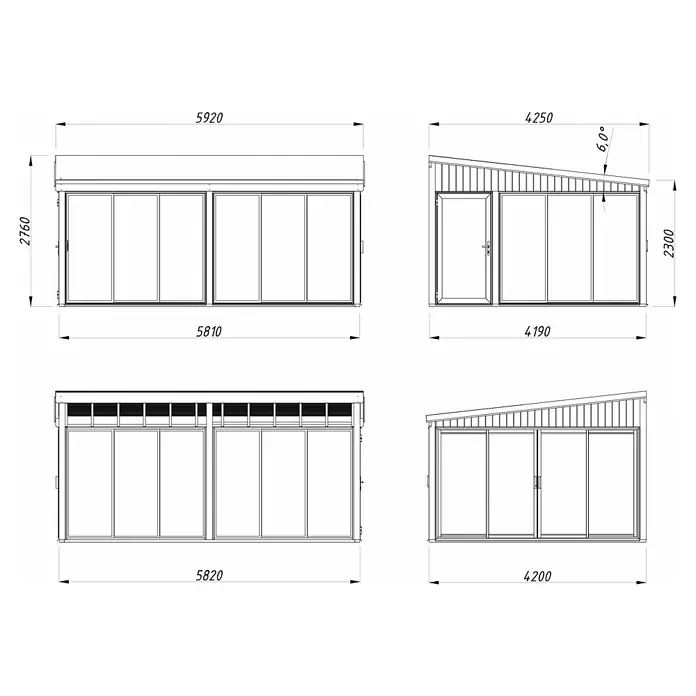 Palmako Pérgola adosada Lumi Slide Plus - L x An: 420 x 582 cm, Natural, Doble acristalamiento de 24 mm, Puerta corredera - Vista del producto: Dibujo técnico de una caseta de jardín con dimensiones.