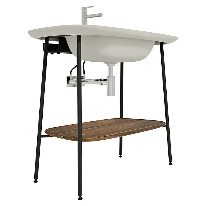VitrA Plural Badmöbel-Set - Gesamtbreite Badmöbel: 99,5 cm, Taupe/Eiche Dunkel/Schwarz, Matt, 3 -tlg. - Ein freistehendes Waschbecken mit schwarzem Gestell und hölzerner Ablage, das modernes Design und Funktionalität vereint.