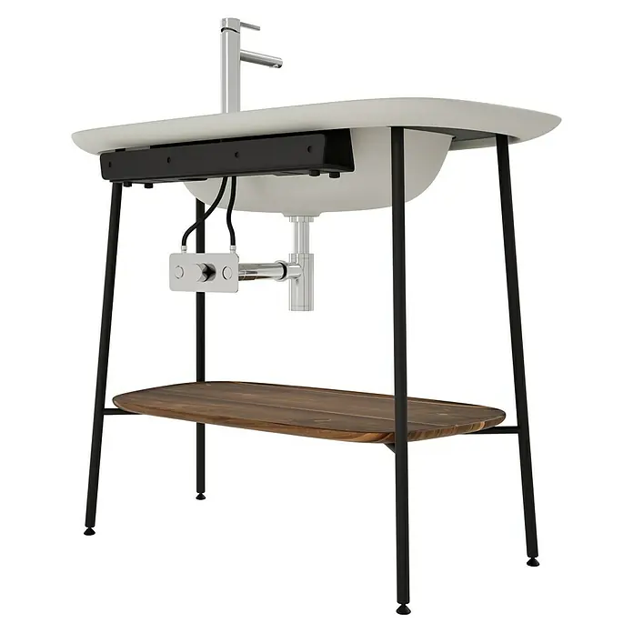 VitrA Plural Badmöbel-Set - Gesamtbreite Badmöbel: 99,5 cm, Taupe/Eiche Dunkel/Schwarz, Matt, 3 -tlg. - Waschtisch mit Ablage aus Holz und Armatur. Das Waschbecken hat ein modernes Design und verleiht jedem Badezimmer einen Hauch von Eleganz.