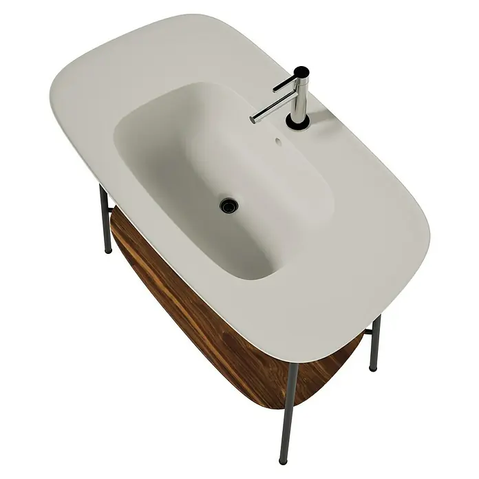 VitrA Plural Badmöbel-Set - Gesamtbreite Badmöbel: 99,5 cm, Taupe/Eiche Dunkel/Schwarz, Matt, 3 -tlg. - Ein moderner Waschtisch mit einem weißen Becken und einer stilvollen Armatur. Die Holzablage verleiht dem Design eine warme Note.