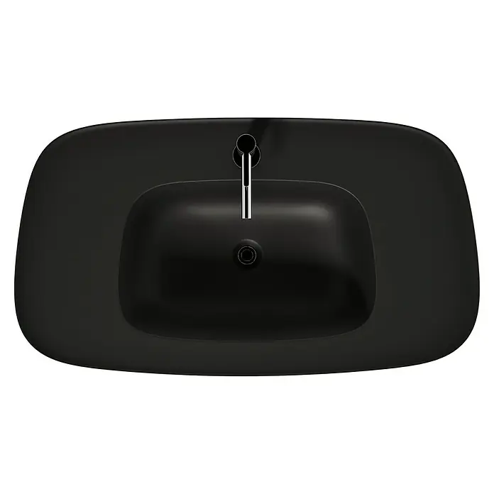 VitrA Plural Badmöbel-Set - Gesamtbreite Badmöbel: 99,5 cm, Schwarz/Eiche Dunkel, Matt, 3 -tlg. - Draufsicht auf ein elegantes, schwarzes Waschbecken mit einem modernen Wasserhahn, das ein stilvolles Badezimmer-Design präsentiert.