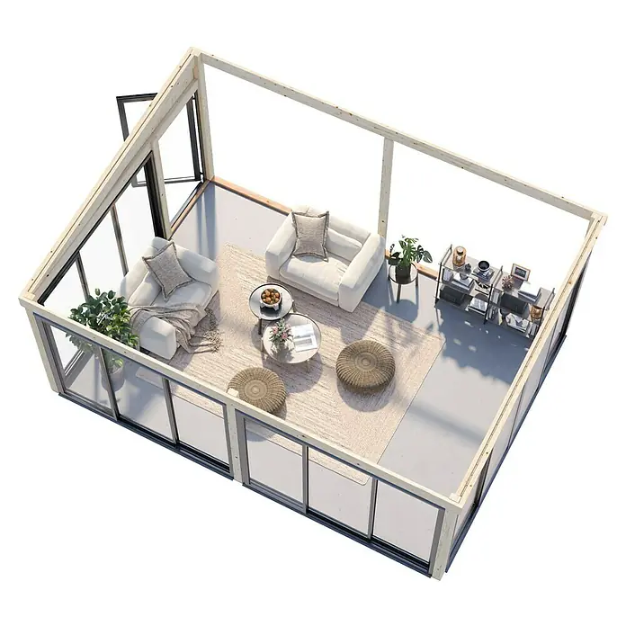 Palmako Pérgola adosada Lumi Slide Plus - L x An: 420 x 582 cm, Natural, Doble acristalamiento de 24 mm, Puerta corredera - Vista aérea de un salón moderno, con muebles cómodos y mucha luz natural que entra a través de grandes ventanales.