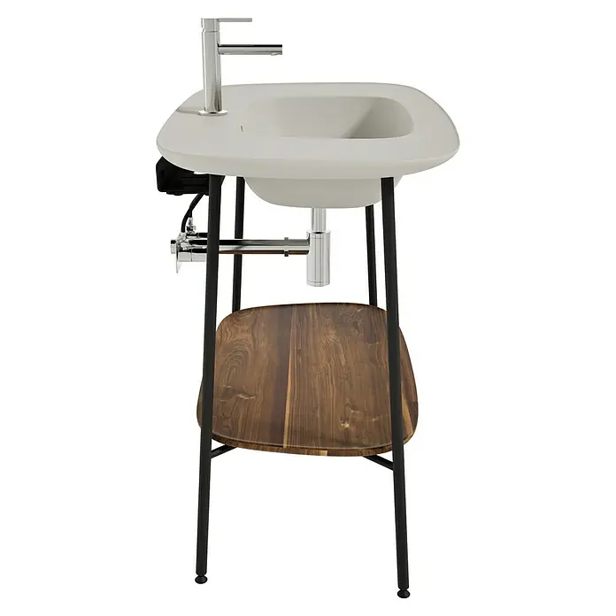 VitrA Plural Badmöbel-Set - Gesamtbreite Badmöbel: 99,5 cm, Taupe/Eiche Dunkel/Schwarz, Matt, 3 -tlg. - Elegantes Waschbecken mit Ablage aus dunklem Holz und schwarzem Metallgestell. Modernes Design für Ihr Badezimmer.