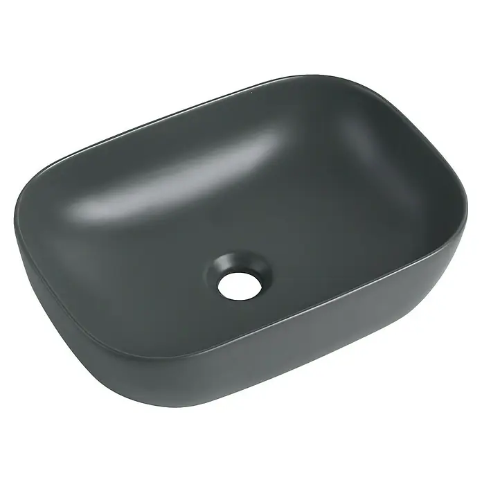 Sanicomfort Aufsatzwaschbecken Babu - 45,5 x 32,5 cm, Hahnloch: Ohne, Ohne Überlauf, Dunkelgrau - Graues Aufsatzwaschbecken mit abgerundeten Ecken und mittigem Abflussloch für moderne Badezimmer.