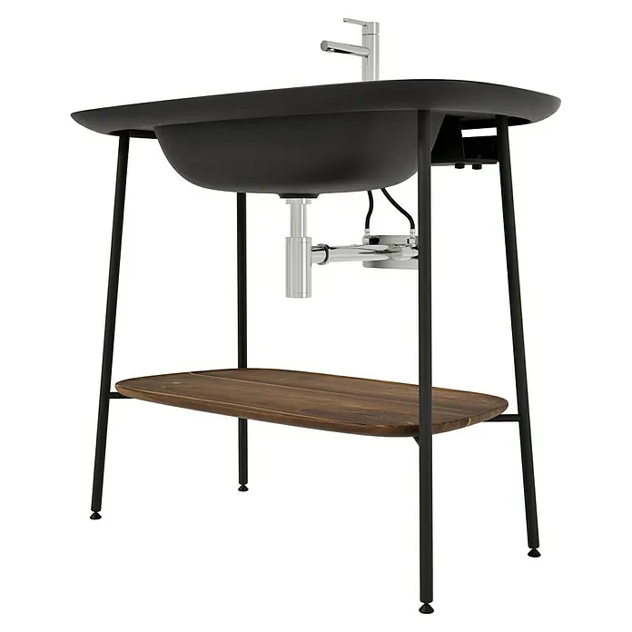 VitrA Plural Badmöbel-Set - Gesamtbreite Badmöbel: 99,5 cm, Schwarz/Eiche Dunkel, Matt, 3 -tlg. - Ein Waschbecken mit einem dunklen Becken und einer Holzablage, das auf einem schlanken, dunklen Gestell steht.