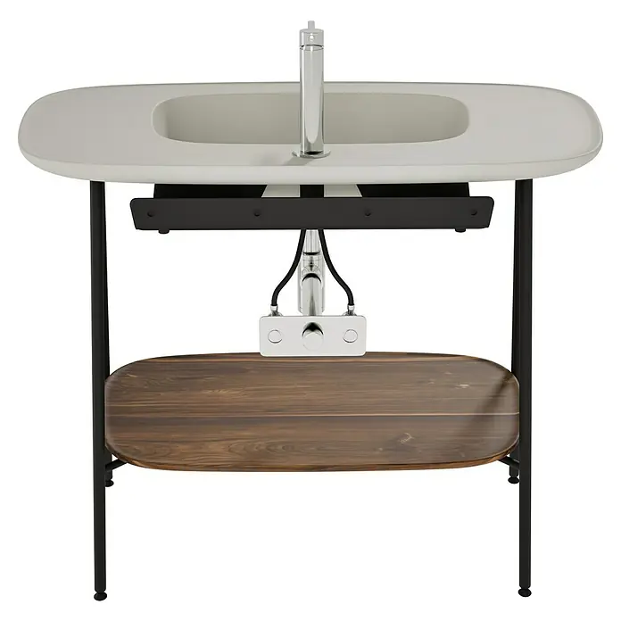 VitrA Plural Badmöbel-Set - Gesamtbreite Badmöbel: 99,5 cm, Taupe/Eiche Dunkel/Schwarz, Matt, 3 -tlg. - Ein Waschbecken mit einer Armatur und einer Ablagefläche aus Holz. Das Waschbecken ist weiß und hat eine ovale Form. Die Armatur ist aus Chrom.