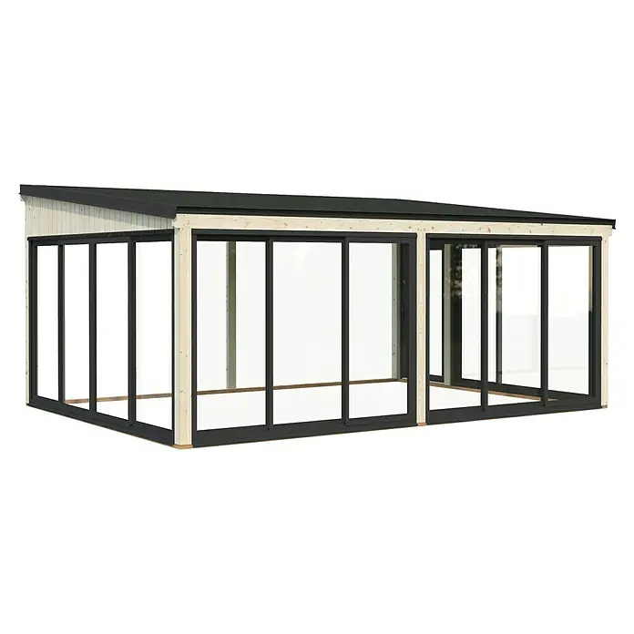Palmako Pérgola adosada Lumi Slide Plus - L x An: 420 x 582 cm, Natural, Doble acristalamiento de 24 mm, Puerta corredera - Una caseta de jardín moderna con líneas limpias, grandes ventanales y un techo plano oscuro, ideal para relajarse al aire libre.