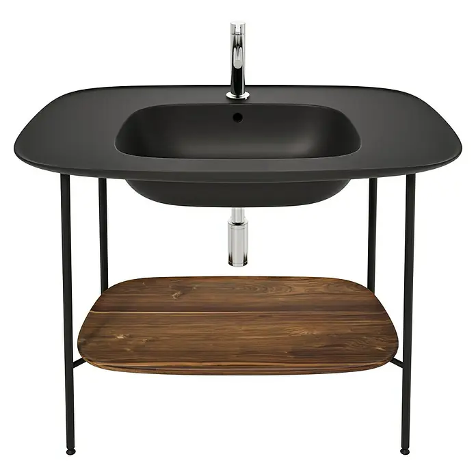 VitrA Plural Badmöbel-Set - Gesamtbreite Badmöbel: 99,5 cm, Schwarz/Eiche Dunkel, Matt, 3 -tlg. - Waschtisch mit einer schwarzen, abgerundeten Spüle, einem Chromhahn und einer Ablage aus dunklem Holz. Die Füße sind aus schwarzem Metall.