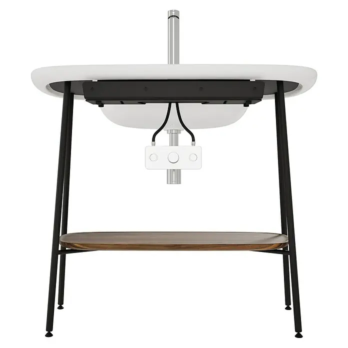 VitrA Plural Badmöbel-Set - Gesamtbreite Badmöbel: 99,5 cm, Weiß/Eiche Dunkel/Schwarz, Glänzend, 3 -tlg. - Produktansicht eines eleganten, höhenverstellbaren Stehtisches mit weißer Tischplatte und dunklen Metallbeinen. Zusätzliche Ablage aus Holz.