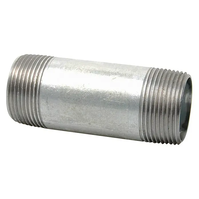 Rohrnippel - ½″, Länge: 40 mm, Verzinkt - Nahaufnahme eines verzinkten Doppelnippels mit Gewinde an beiden Enden, der im Sanitärbereich verwendet wird.