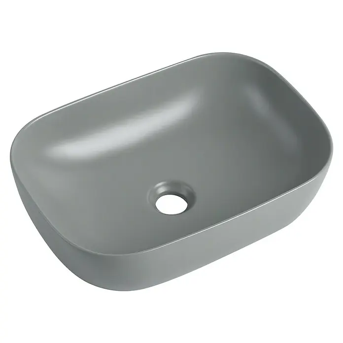 Sanicomfort Aufsatzwaschbecken Babu - 45,5 x 32,5 cm, Hahnloch: Ohne, Ohne Überlauf, Hellgrau - Elegantes, graues Aufsatzwaschbecken mit sanften Rundungen und einem mittig platzierten Abfluss für moderne Badezimmerdesigns.