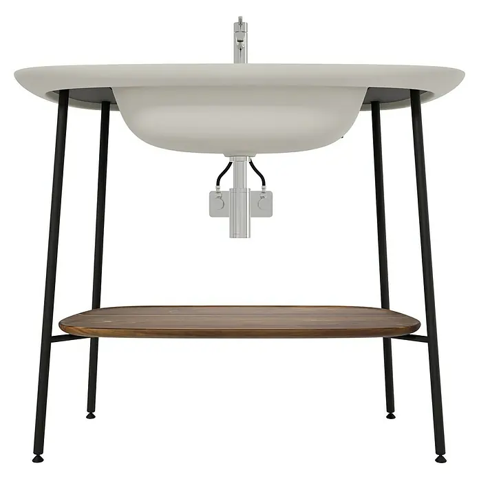 VitrA Plural Badmöbel-Set - Gesamtbreite Badmöbel: 99,5 cm, Taupe/Eiche Dunkel/Schwarz, Matt, 3 -tlg. - Eine moderne Waschbecken-Kombination mit einer Ablage aus Holz und schwarzen Metallbeinen.