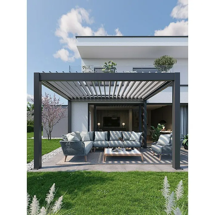 Biohort Pergola Lamellenpavillon Gr. 3 - B x T: 312 x 312 cm, Dunkelgrau Metallic - Silber Metallic, Material Gestell: Stahl - Moderne Pergola mit verstellbaren Lamellen und stilvollem Outdoor-Mobiliar auf einer Terrasse, ideal für entspannte Stunden im Freien.