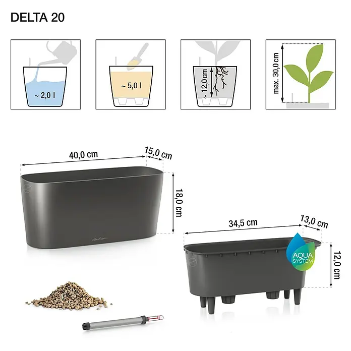 Lechuza Pflanzkasten Delta - Außenmaß (L x B x H): 40 x 15 x 18 cm, Kunststoff, Anthrazit metallic - Produktbild des DELTA 20 Pflanzgefäßes mit Maßangaben und Füllmengen für Wasser und Substrat.