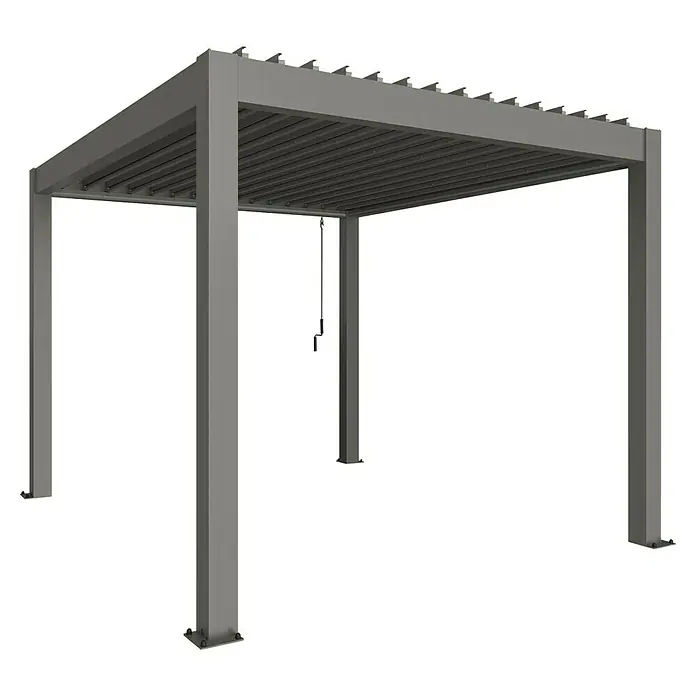 Biohort Lamellenpavillon - B x T: 312 x 367,5 cm, Quarzgrau Metallic, Material Gestell: Stahl - Bild eines modernen grauen Pavillons mit Lamellendach, ideal für den Garten. Perfekt für Entspannung im Freien mit stilvollem Design.