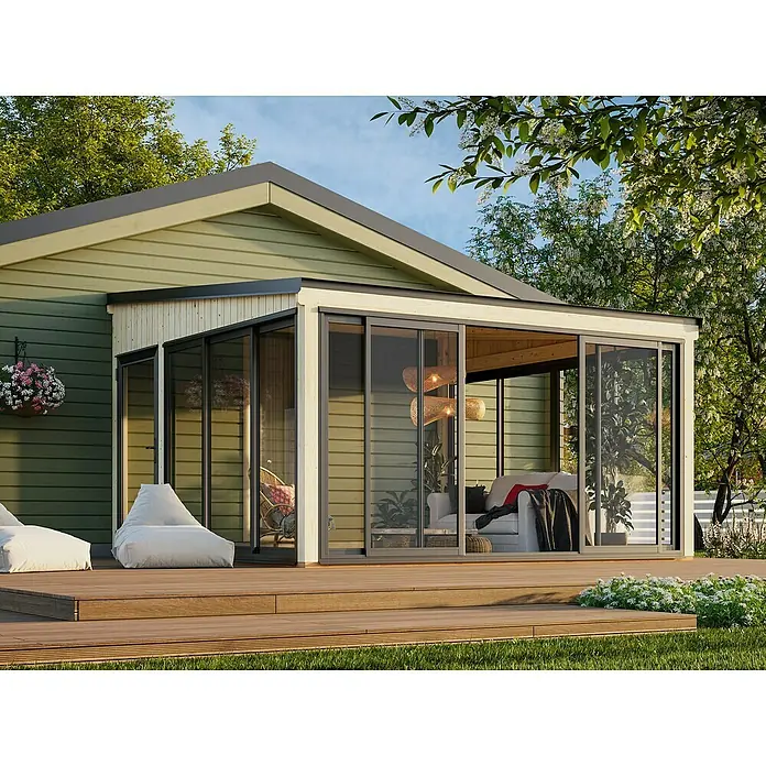 Palmako Pérgola adosada Lumi Slide Plus - L x An: 420 x 420 cm, Natural, Doble acristalamiento de 24 mm, Puerta corredera - Una moderna caseta de jardín de cristal con puertas correderas y una cubierta de madera, ideal para relajarse al aire libre y como complemento elegante para cualquier jardín.