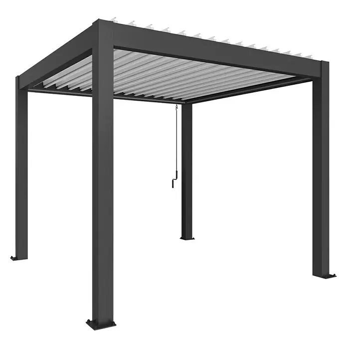 Biohort Pergola Lamellenpavillon Gr. 3 - B x T: 312 x 312 cm, Dunkelgrau Metallic - Weiß, Material Gestell: Stahl - Bild eines modernen Lamellendach-Pavillons. Das Produkt zeichnet sich durch sein stilvolles Design und seine robuste Bauweise aus.