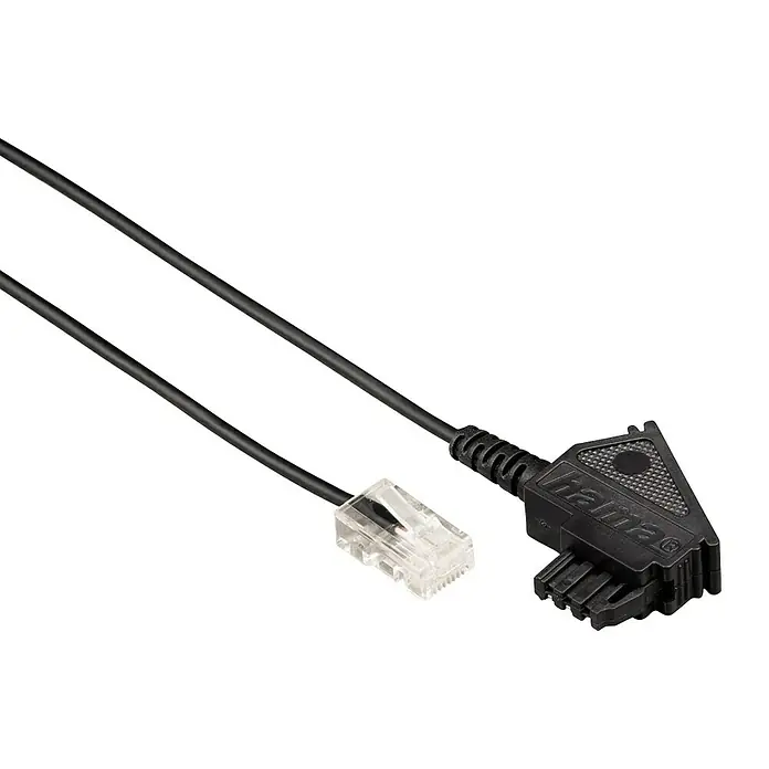 Hama DSL-Anschlusskabel - 10 m, TAE-F-Stecker, Modular-Stecker-8p2c - Abbildung eines schwarzen Hama-Kabels mit modularem Stecker und abgewinkeltem Stecker für den Anschluss verschiedener Geräte.