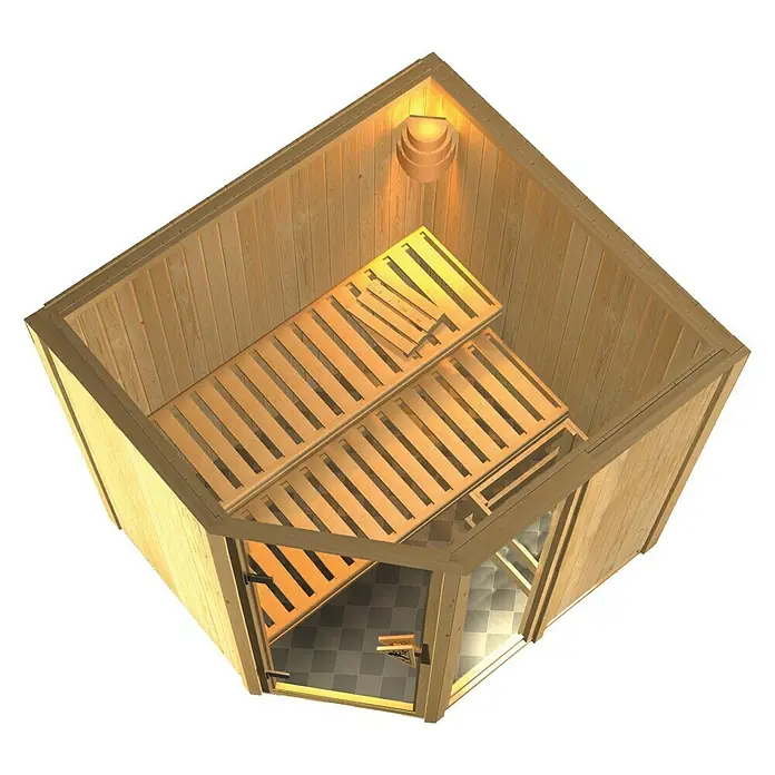 Karibu Elementsauna Fiona - Ohne Ofen, Ohne Dachkranz, L x B x H: 196 x 151 x 192 cm - Innenansicht einer Ecksauna mit Holzbänken und einer Glastür, ideal für Entspannung und Wellness zu Hause.