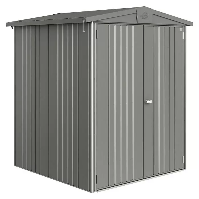 Biohort Europa Gerätehaus Europa Gr. 2 - Außenbreite inkl. Dachüberstand: 172 cm, Außentiefe inkl. Dachüberstand: 156 cm, Stahl, Quarzgrau - Diagonale Ansicht