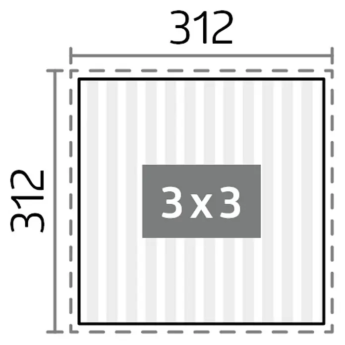 Biohort Lamellenpavillon - B x T: 312 x 312 cm, Quarzgrau Metallic, Material Gestell: Stahl - Quadratische 3x3-Produktabbildung mit Größenangaben. Perfekt für Planungszwecke.