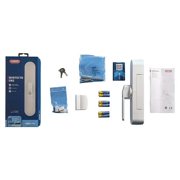 Abus Funk-Türschlossantrieb Wintecto one FCA4100 W - Geeignet für: Fenster, Weiß, Bedienung: Über App - Produktansicht des ABUS Wintecto One Türschlosses mit Zubehör wie Schlüssel, Batterien und Montagezubehör, ideal für moderne Smart-Home-Sicherheit.