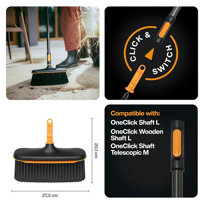 Fiskars OneClick Gartenbesen - Passend für: Fiskars OneClick-Stiel - Bild zeigt einen Fiskars QuikFit Terrassenbesen mit Borsten, der mit verschiedenen QuikFit Stielen kompatibel ist.