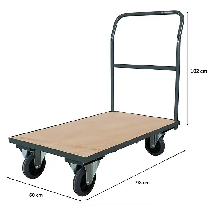 Profi Plattformwagen | HxBxT 102x60x98cm | Traglast 450kg | Vollgummibereifung, 2x Lenkrollen mit Feststellbremse & 2x Bockrollen | Grau | Transportwagen Transporthilfe Handwagen - 
