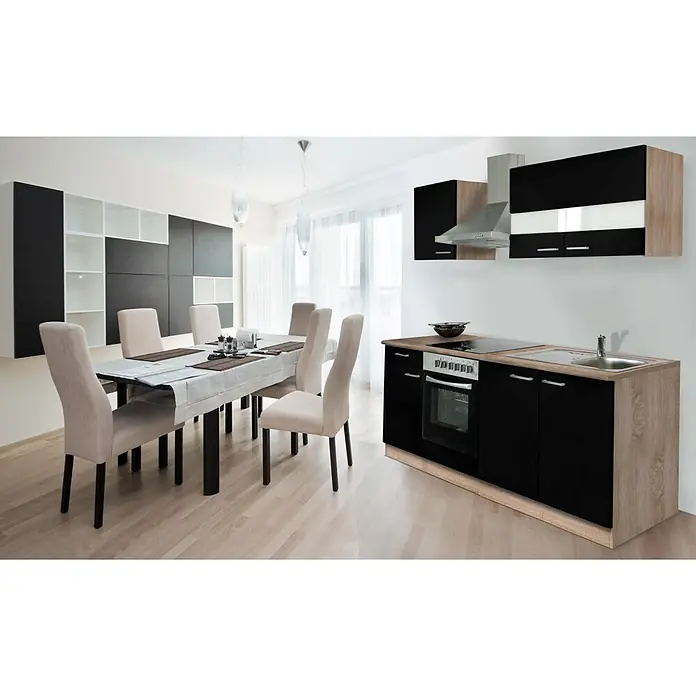 Respekta Cocina compacta Merle - Ancho: 210 cm, Negro, Con electrodomésticos, Volumen horno: 72 l - Mueble de cocina negro moderno con detalles de madera clara, horno, placa y fregadero integrados, en zona de comedor abierta.