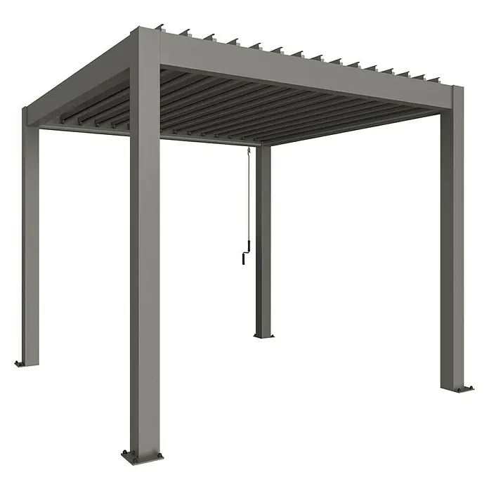 Biohort Lamellenpavillon - B x T: 312 x 312 cm, Quarzgrau Metallic, Material Gestell: Stahl - Darstellung einer modernen Pergola mit Lamellendach, ideal für den Außenbereich und zur stilvollen Beschattung von Terrassen.