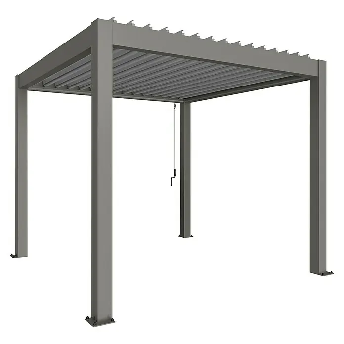 Biohort Pergola Lamellenpavillon Gr. 3 - B x T: 312 x 312 cm, Quarzgrau Metallic - Silber Metallic, Material Gestell: Stahl - Nahaufnahme einer modernen Pergola mit Lamellendach, ideal für stilvolle Außenbereiche und Sonnenschutz. Die Konstruktion bietet ein schattiges Plätzchen.